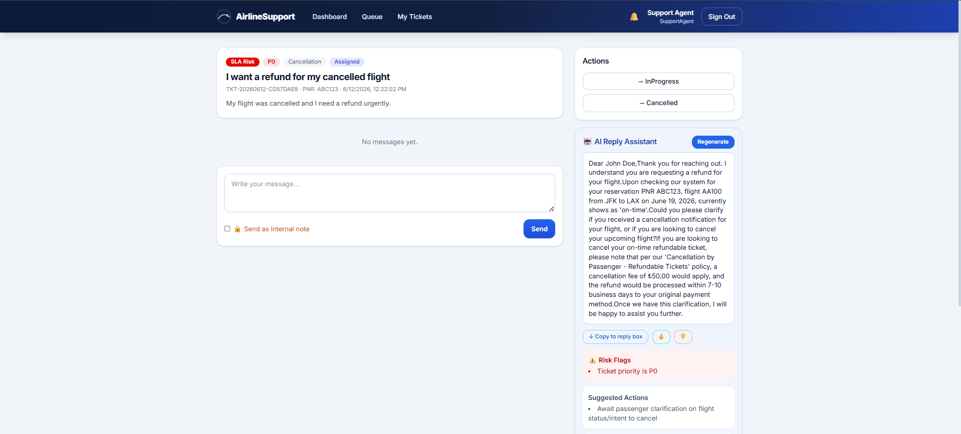 Agent view — AI reply assistant